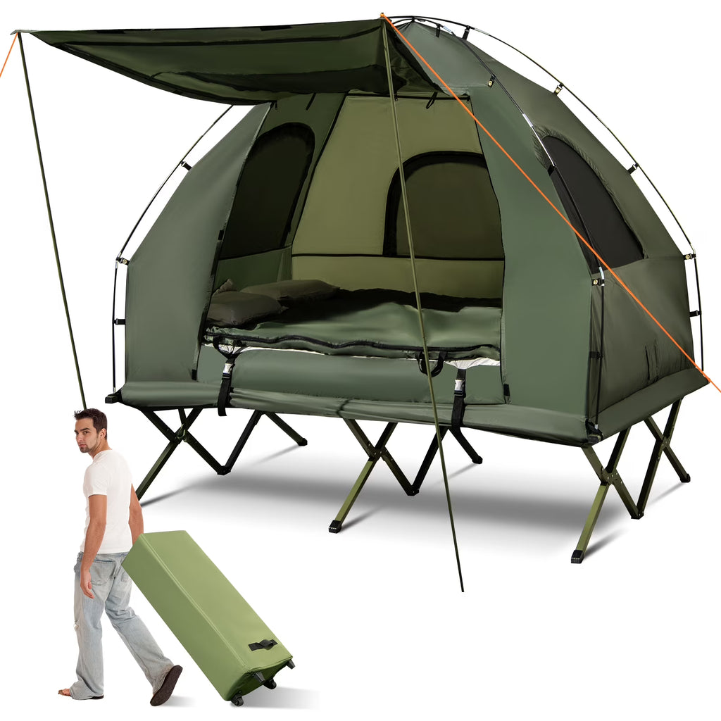 2026 Patiojoy Folding 2-Person Camping Tent Cot Portable Pop-Up Tent with Sleeping Bag&Air Mattress for Outdoor Activity