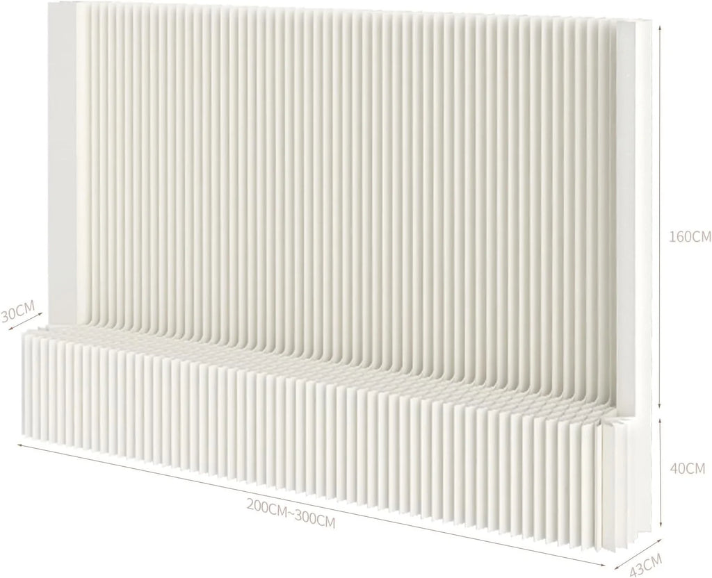 Separador de ambientes plegable 2026 con estante de almacenamiento, mampara de privacidad flexible, ideal para oficina, sala de estar, tiendas, dormitorio, balcón (blanco) (300 x 43 x 200 cm)