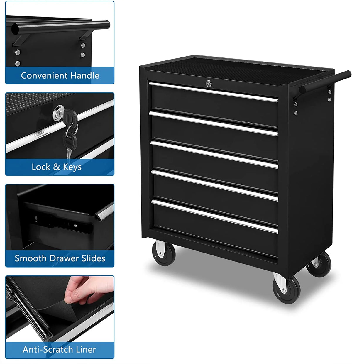 2026 TUFFIOM 5-Drawer Rolling Tool Chest with Lock & Key, Tool Storage Organizer Box Cabinet with Wheels