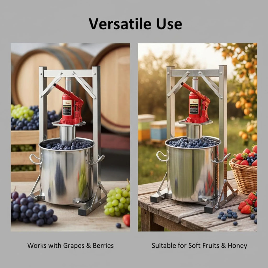 Prensa hidráulica para frutas de 12 litros (modelo 2026), fabricada en acero inoxidable 304 con elevador hidráulico de 3 toneladas, exprimidor manual, cubo con filtro interno, prensa para vino y sidra. Ideal para vino, mosto y zumos de frutas.