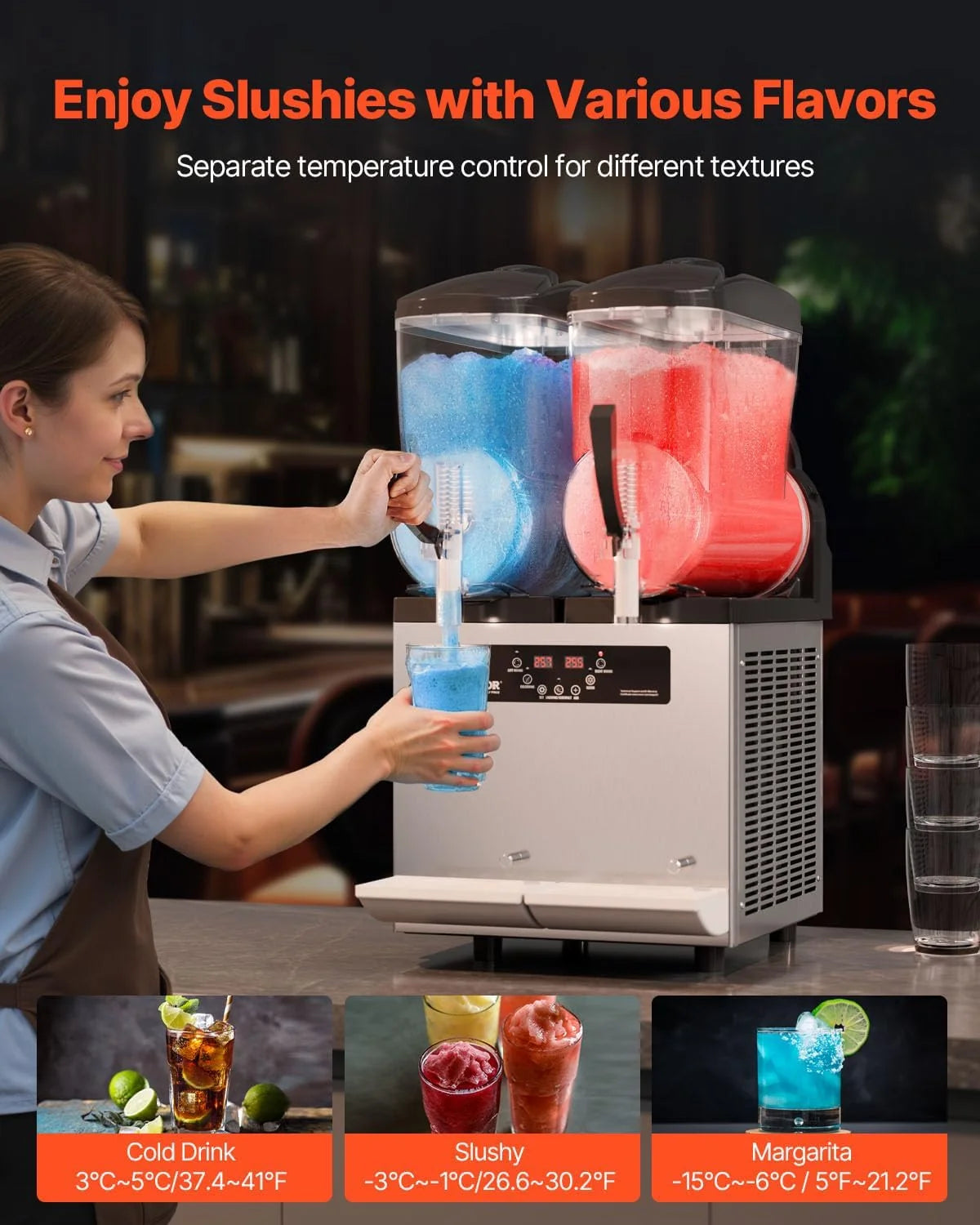 Máquina de granizados comercial VEVOR 2026, 12 L x 2, doble tanque para bebidas congeladas, máquina de granizados de acero inoxidable de 96 vasos con teclado, máquina de helado suave para fiestas, restaurantes, cafeterías y bares.