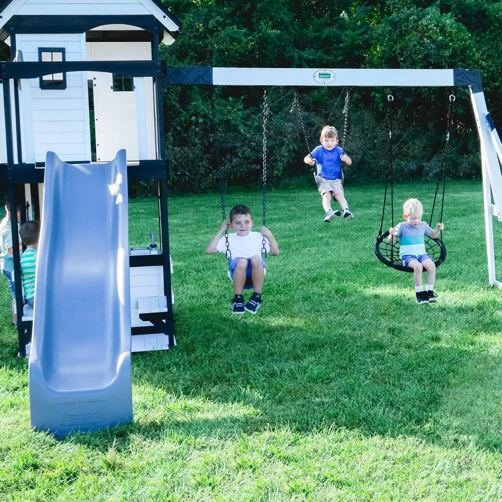 2026 Canyon Creek Cedar Wood Swing Set with Wave Slide, Clubhouse, Play Kitchen, Picnic Area, Belt Swings, Web Swing, Rock Wall, Balconies, Playhouse, Step Ladder, Outdoor Playset