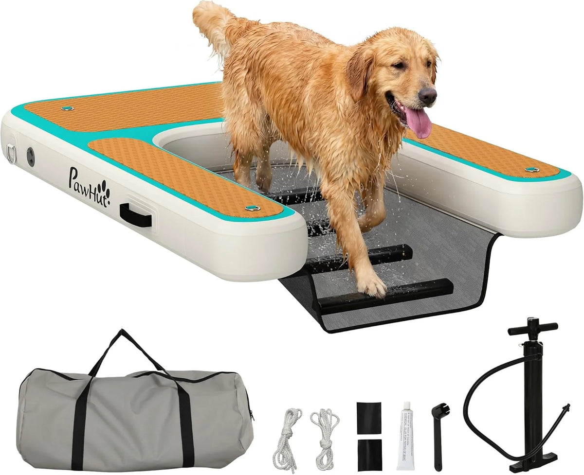 Rampa inflable para perros PawHut 2026, rampa para perros para piscinas, 151 x 102 cm, bote portátil para perros con superficie antideslizante de EVA, escalera flotante para perros grandes de hasta 100 kg, escalera de natación para piscinas, botes y