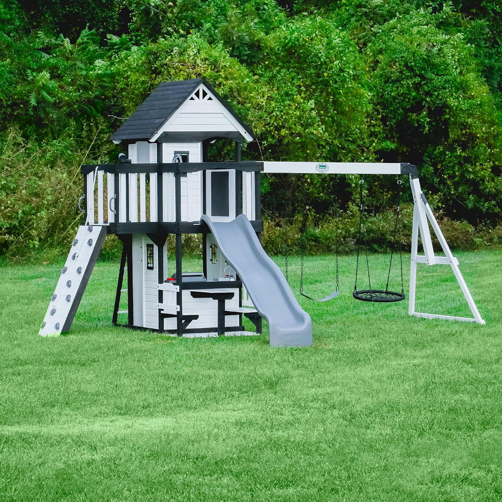 2026 Canyon Creek Cedar Wood Swing Set with Wave Slide, Clubhouse, Play Kitchen, Picnic Area, Belt Swings, Web Swing, Rock Wall, Balconies,…
