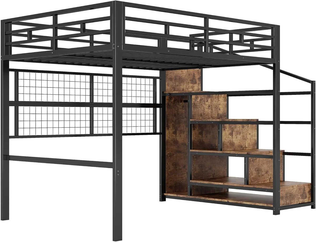 2026 Cama alta (140 x 200 cm), marco de hierro, armario, escalera de almacenamiento, rejilla para colgar objetos, espacio libre debajo de la cama, luces LED de 7 colores, sin colchón, color negro