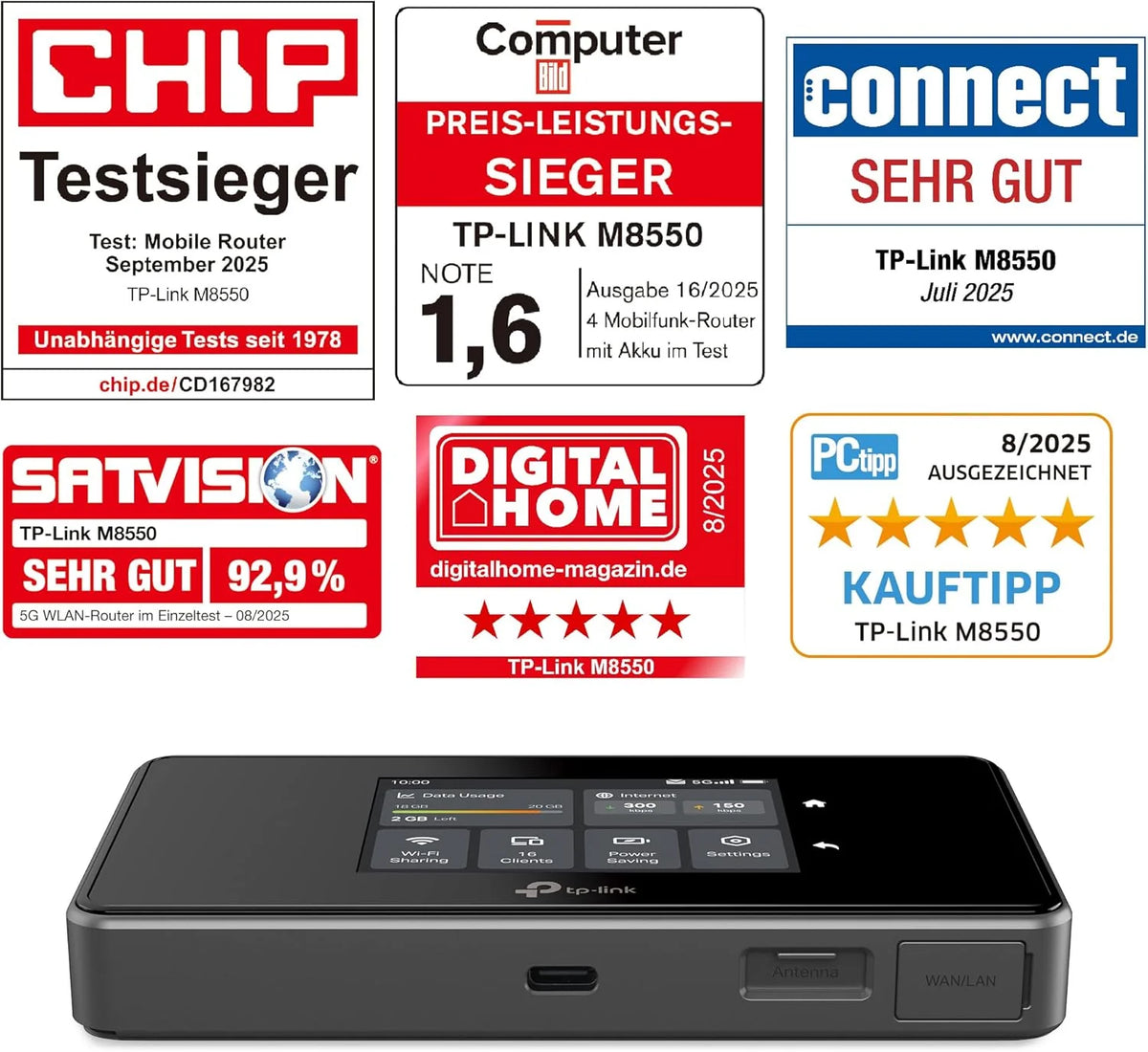 Router WiFi móvil TP – Link M8550 5G LTE 2026: hasta 3,4 Gbps, Wi – Fi 6E de triple banda, ranura para tarjeta Nano – SIM, WAN/LAN Gigabit, batería de 4680 mAh, pantalla táctil, Wireguard, hasta 32 dispositivos.