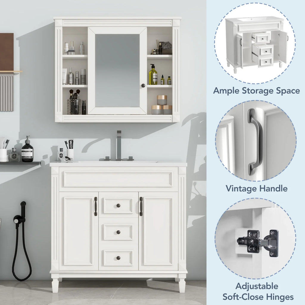 2026 Modern Bathroom Furniture Set, 36" Bathroom Vanity with Top Sink, 35" Wall Mounted Bathroom Storage Cabinet, Mirror Cabinet with 6 Shelves, Storage Cabinet with 2 Doors and 2 Drawers, Grey