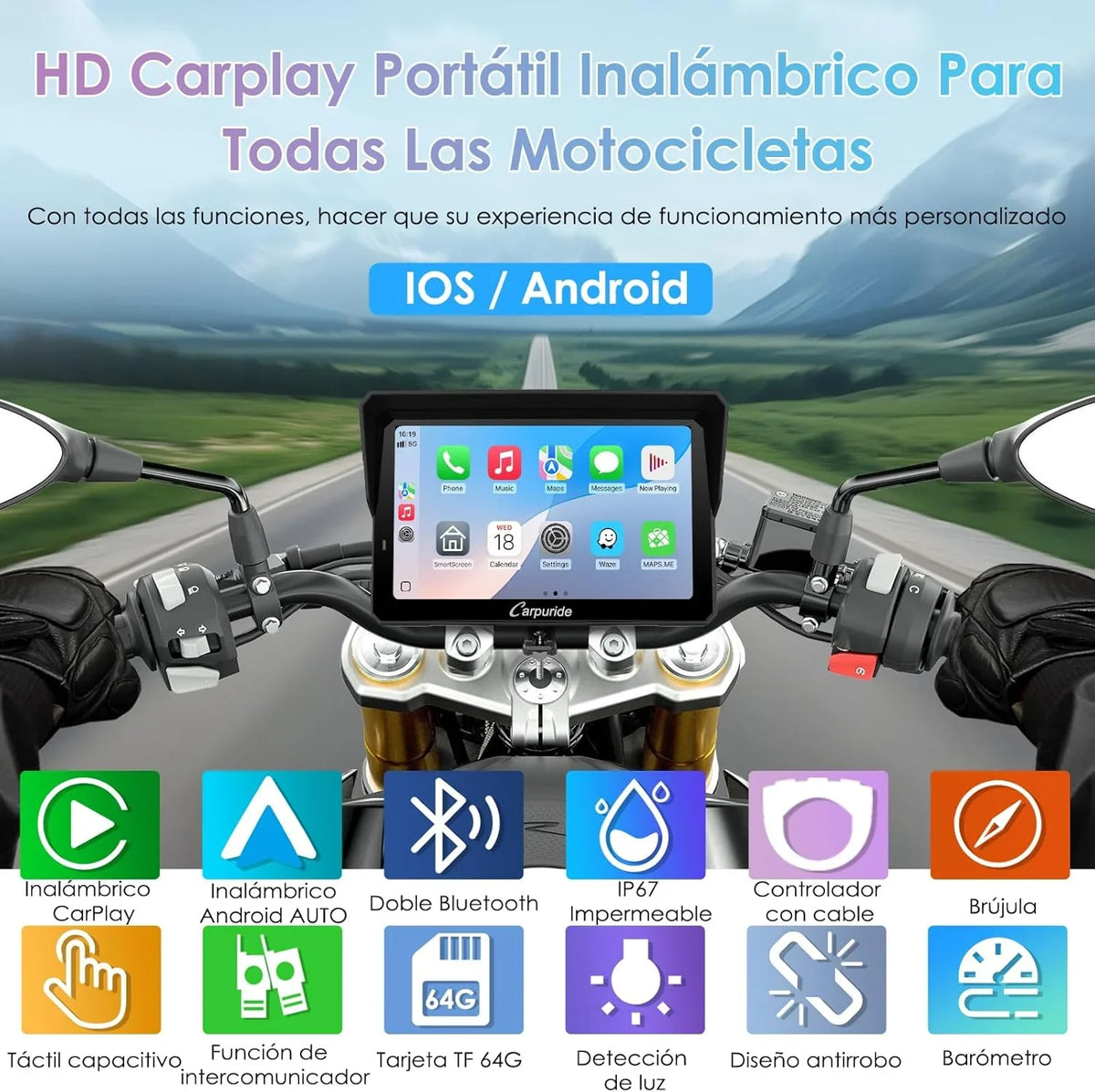 2026 CARPURIDE W702S Pro Motocicleta CarPlay Pantalla con BM05 Soporte para Conectar y Usar, Inalámbrico CarPlay y Android Auto, 7" Impermeable Táctilpantalla, Dual Bluetooth, Control con Cable, Brújula.