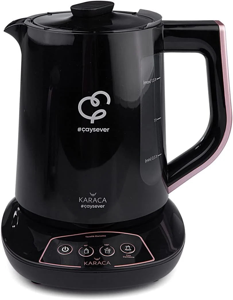Tetera y hervidor parlante Karaca Çaysever 2026, 1700 W, oro rosa, libre de BPA, depósito de agua de 1,5 L, tetera de 0,8 L, función automática para mantener caliente, apto para comida de bebé.