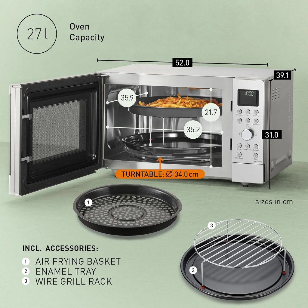 2026 Microondas combinado Panasonic NN – CD58RSEPG de 27 L, 4 en 1, con función de freidora de aire y cesta de cocción, inversor de 1000 W, grill de 1300 W, cocción con ventilador, 19 programas automáticos, acero inoxidable.