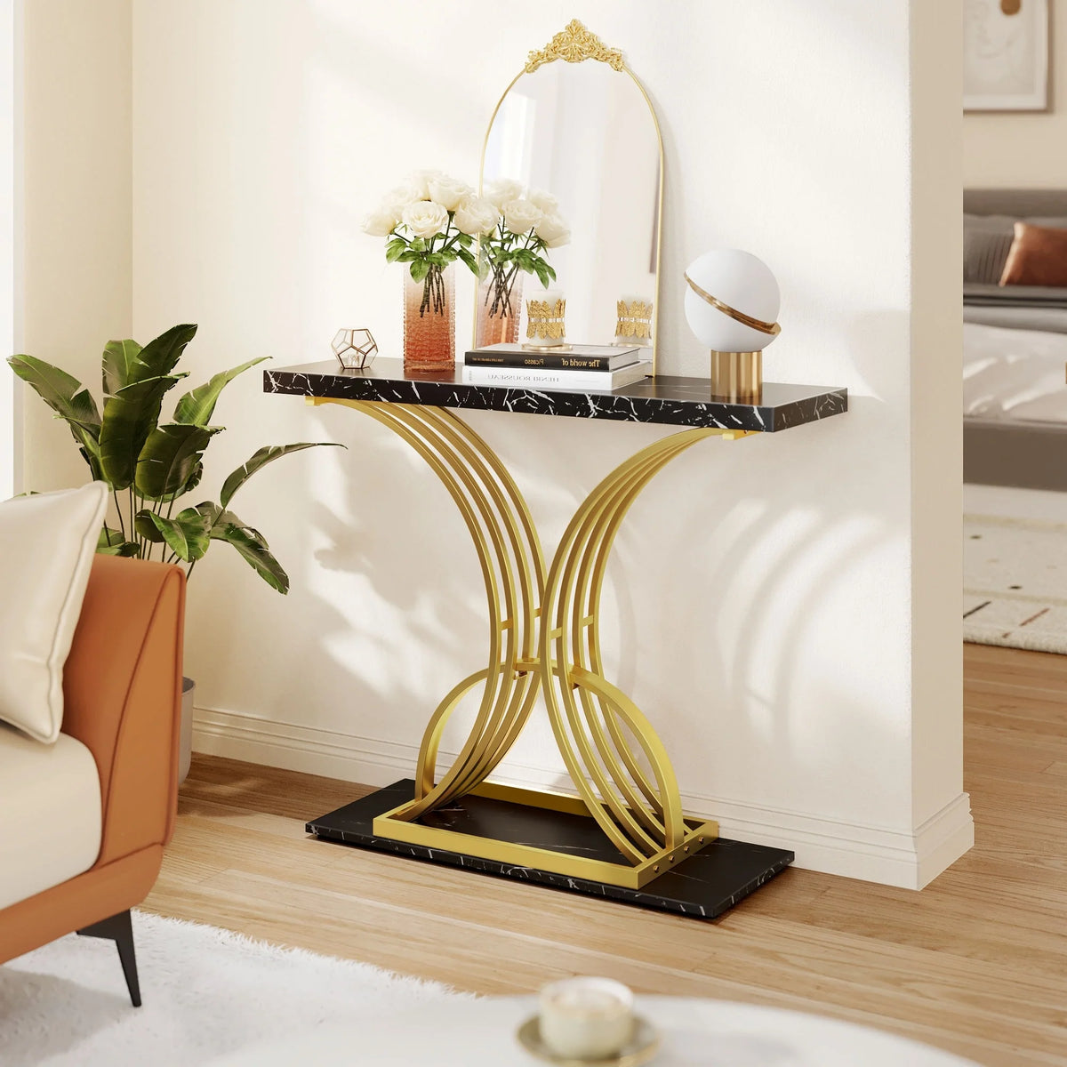 2026 Modern Gold Console Table with Marbled Top, Sofa Table for Entryway and Hallway