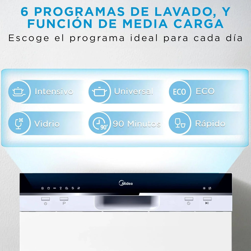 2026 Midea Lavavajillas Pequeño Blanco 55 cm para 6 servicios – Lavavajilla Compacto y Portatil sin Instalación – Lavaplatos con Programa Eco Ahorro, Filtro Antibacterias y Programación Horaria