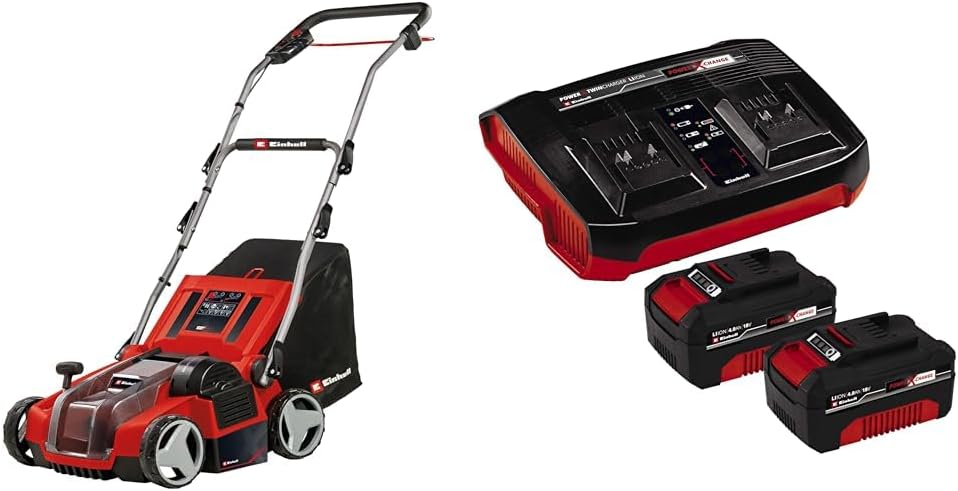 Escarificador/aireador inalámbrico Einhell GE – SA 36/35 Li Power X – Change 2026 (36 V, sin escobillas, rodillo de cuchillas de 35 cm, bolsa recolectora de 28 L, profundidad de trabajo ajustable, incluye 2 baterías de 4,0 Ah y cargador doble)