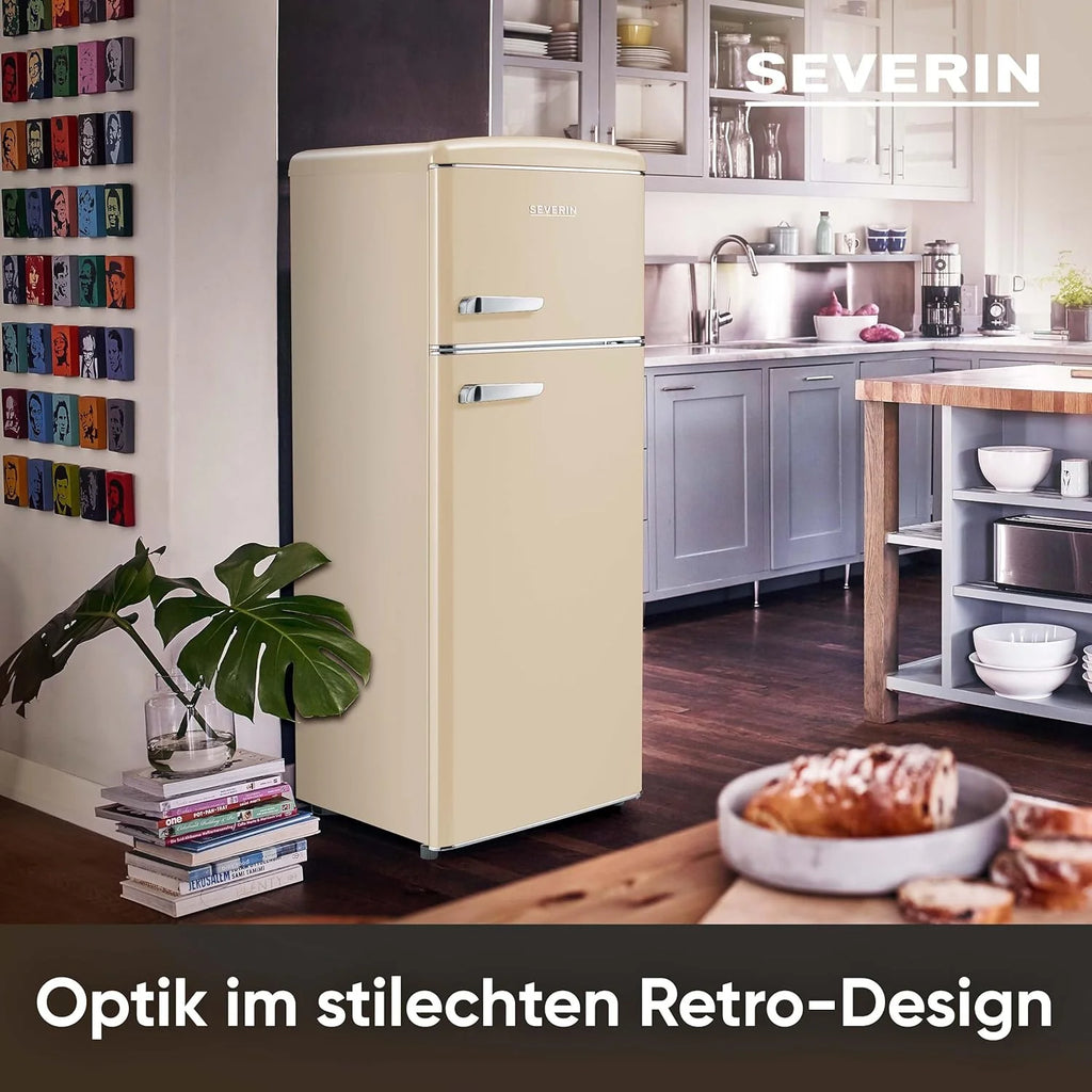 SEVERIN Retro 2026 – Combinación de frigorífico y congelador, una maravilla que ahorra espacio, 4 estantes regulables en altura y un amplio cajón para verduras, capacidad neta de 206 L, color crema, RKG 8933