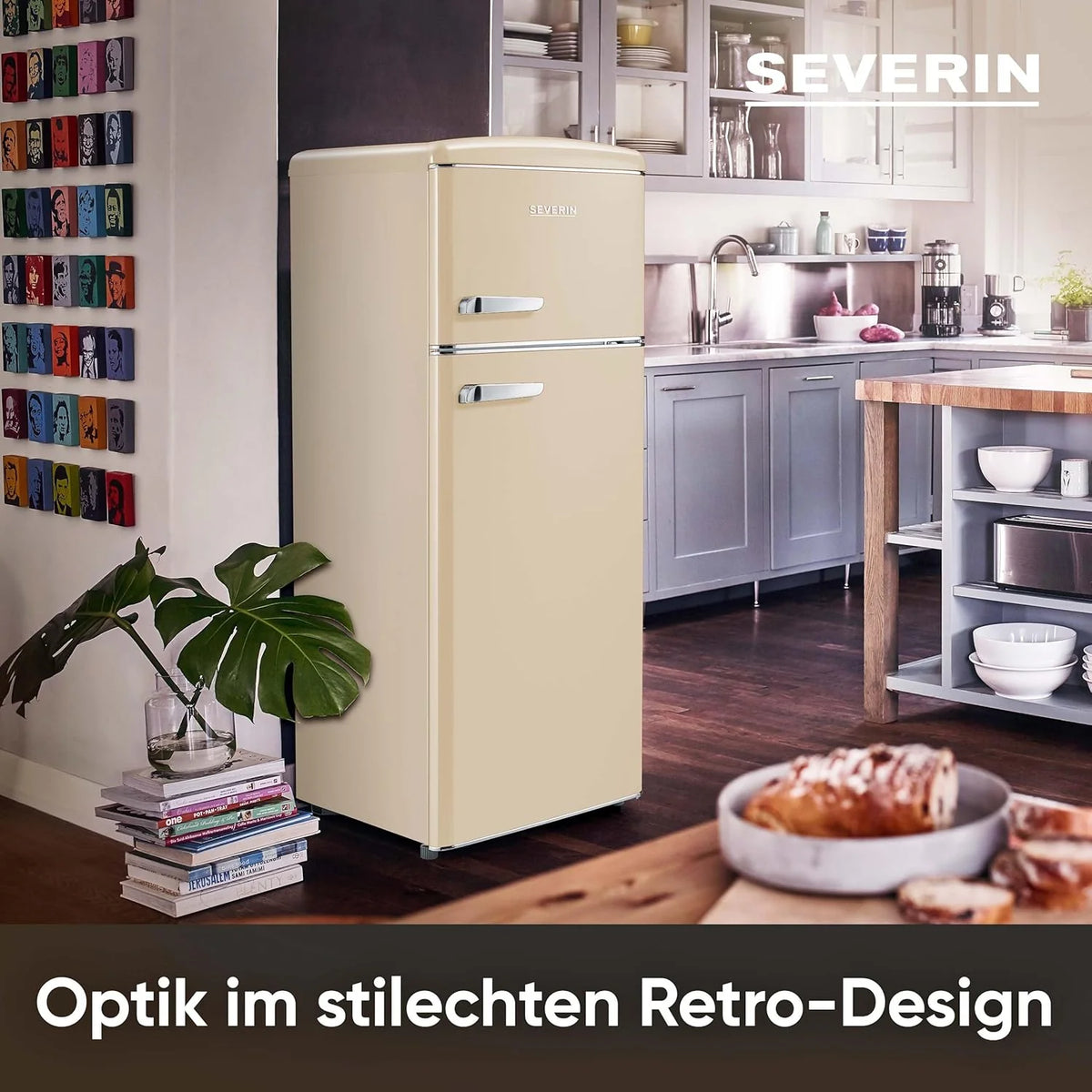 SEVERIN Retro 2026 – Combinación de frigorífico y congelador, una maravilla que ahorra espacio, 4 estantes regulables en altura y un amplio cajón para verduras, capacidad neta de 206 L, color crema, RKG 8933
