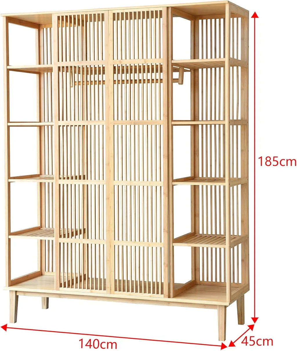 2026 Armario para Ropa con 2 Puertas Deslizantes Clóset con 12 Estantes y 1 Barra de Colgar Perchero de Bambú 185 x 140 x 45 cm Natural
