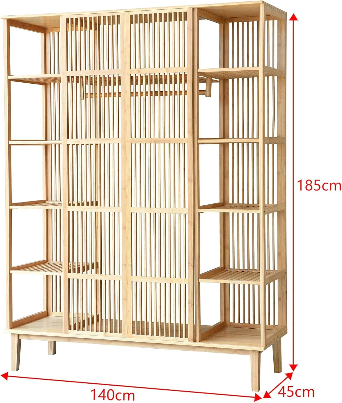 2026 Armario para Ropa con 2 Puertas Deslizantes Clóset con 12 Estantes y 1 Barra de Colgar Perchero de Bambú 185 x 140 x 45 cm Natural