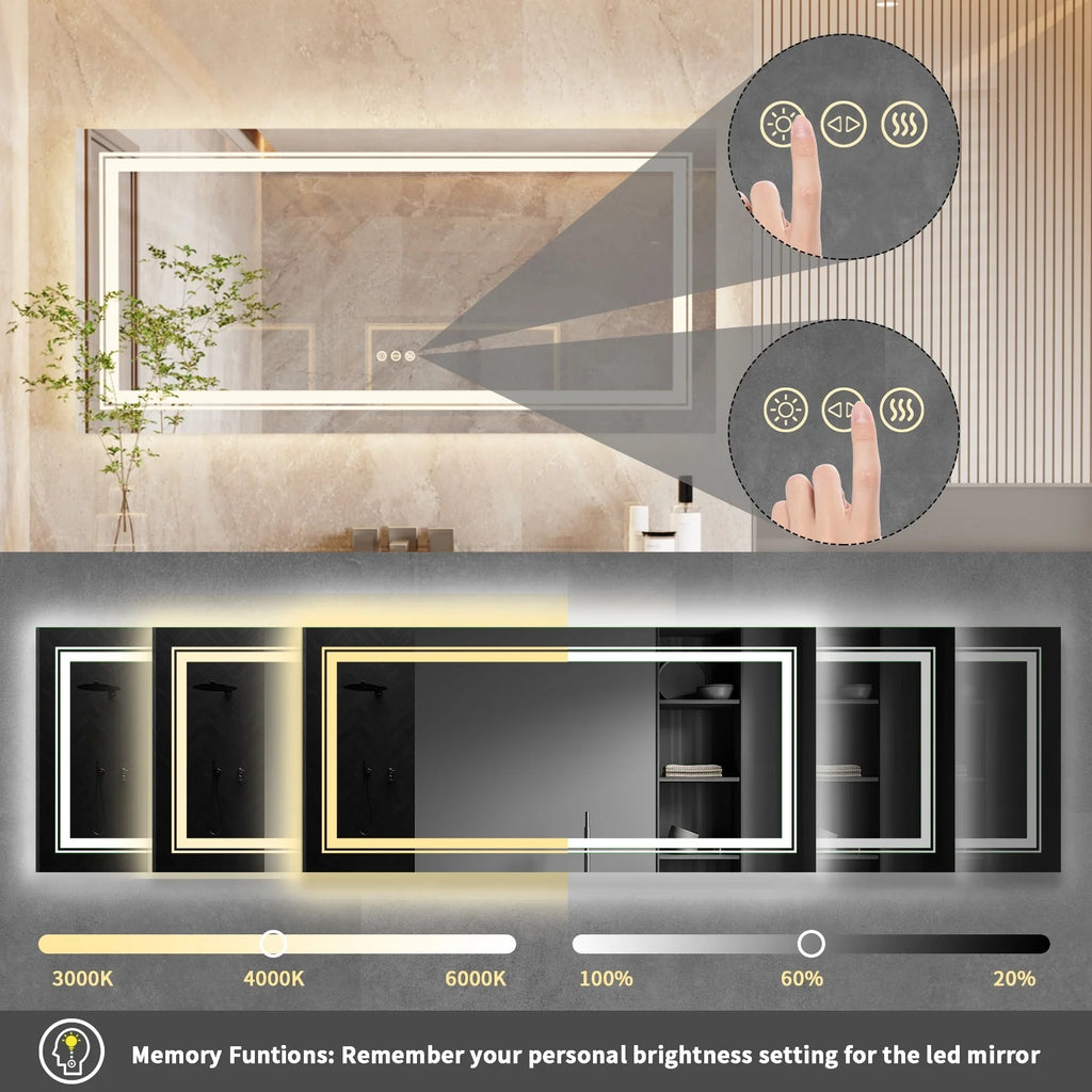 2026 Extra Large LED Lighted Bathroom Mirror, Anti-Fog Wall Mounted Vanity Mirror with 3 Colors