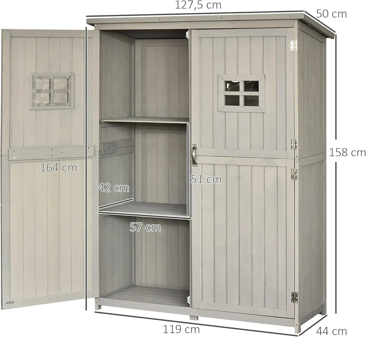 2026 Outsunny Cobertizo de Madera Caseta Exterior Armario Herramientas de Jardinería Doble Puertas Techo Impermeable Compartimientos de Diferentes Tamaños 127.5x50x164cm Madera Maciza