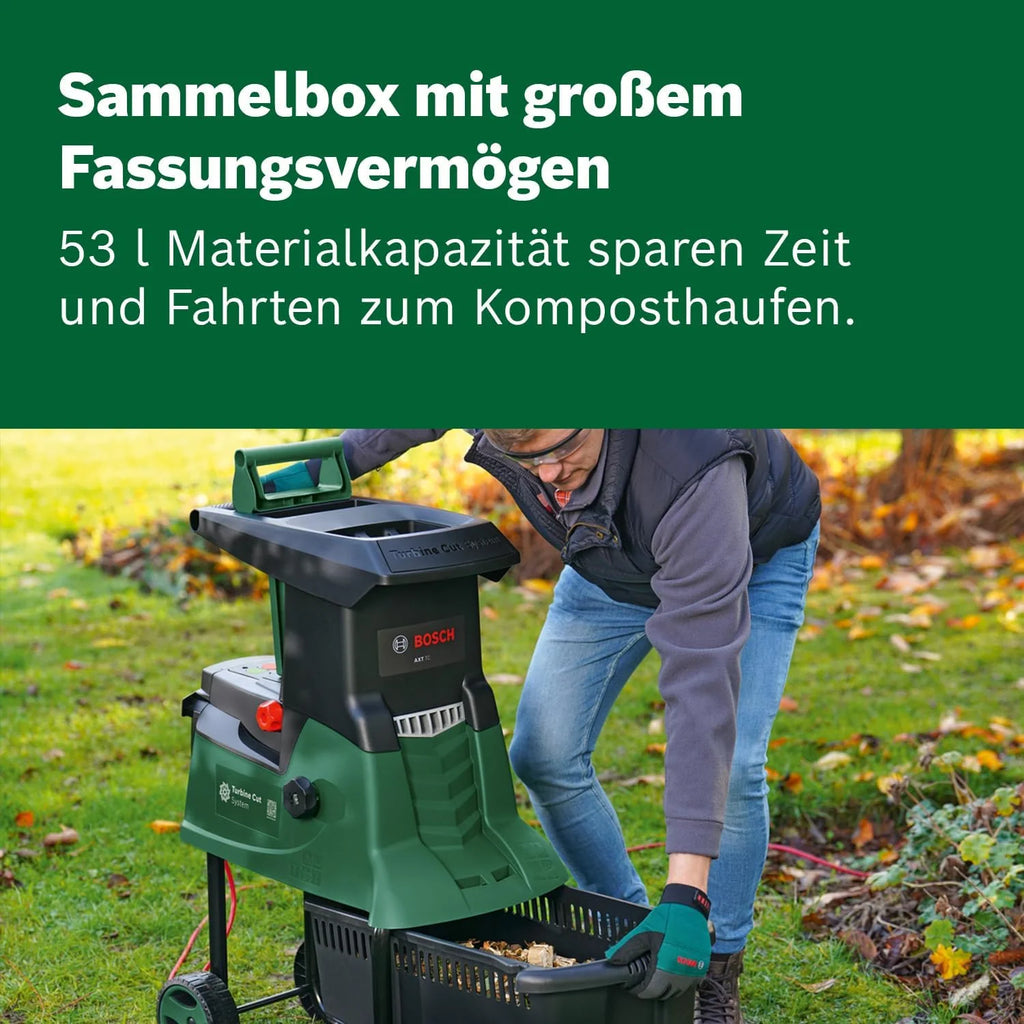 Trituradora de turbina Bosch AXT 25 TC 2026 (2500 W; apta para madera y residuos de jardín duros; incluye guantes de jardinería; caja recolectora integrada de 53 l; en caja de cartón) – Edición
