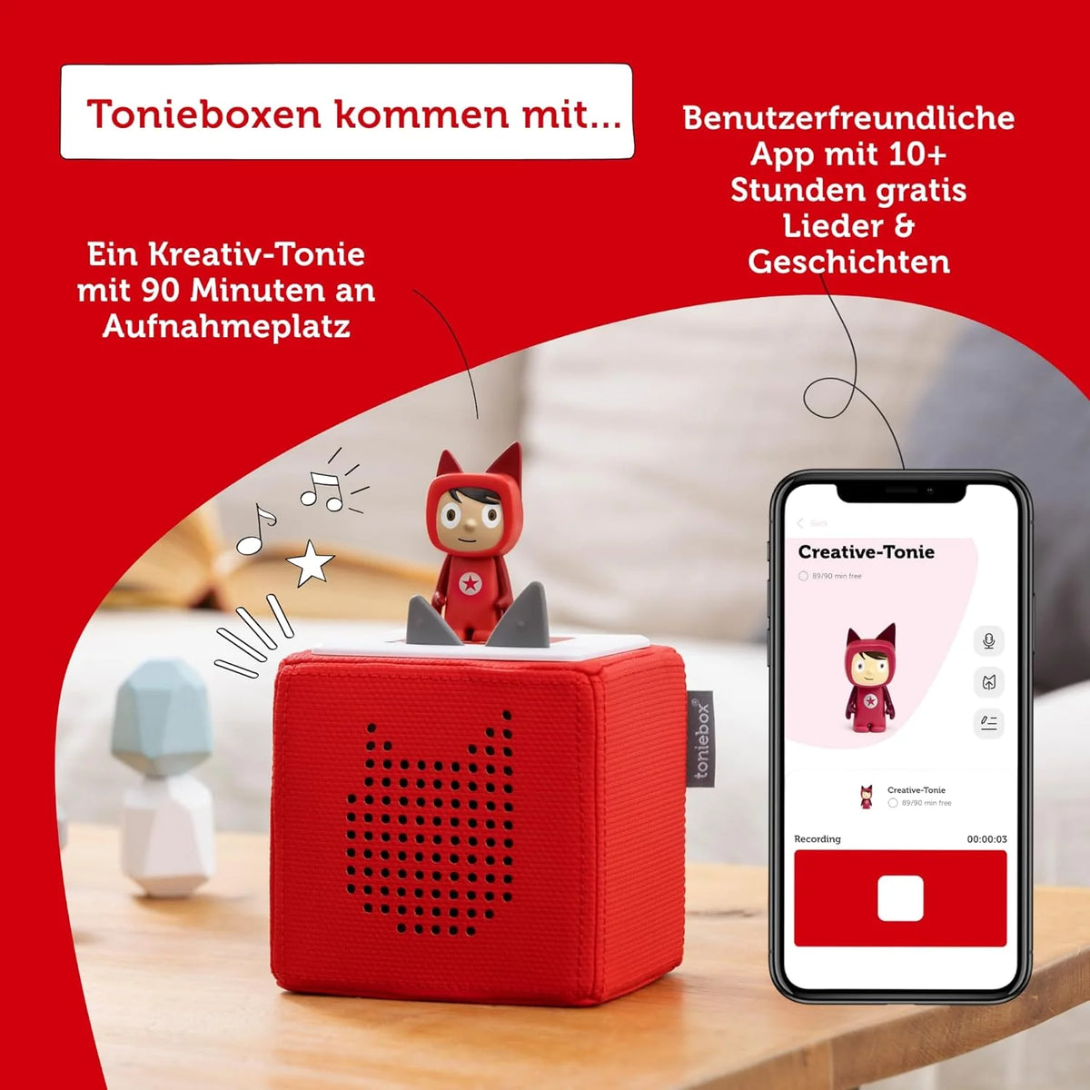 Paquete adicional Toniebox 2026: Set de inicio Toniebox azul con Creative – Tonie + 4 figuras de audio de Disney Animal Heroes, reproductor de audio para audiolibros y canciones, caja de música inalámbrica con reproducción de audio Disney.