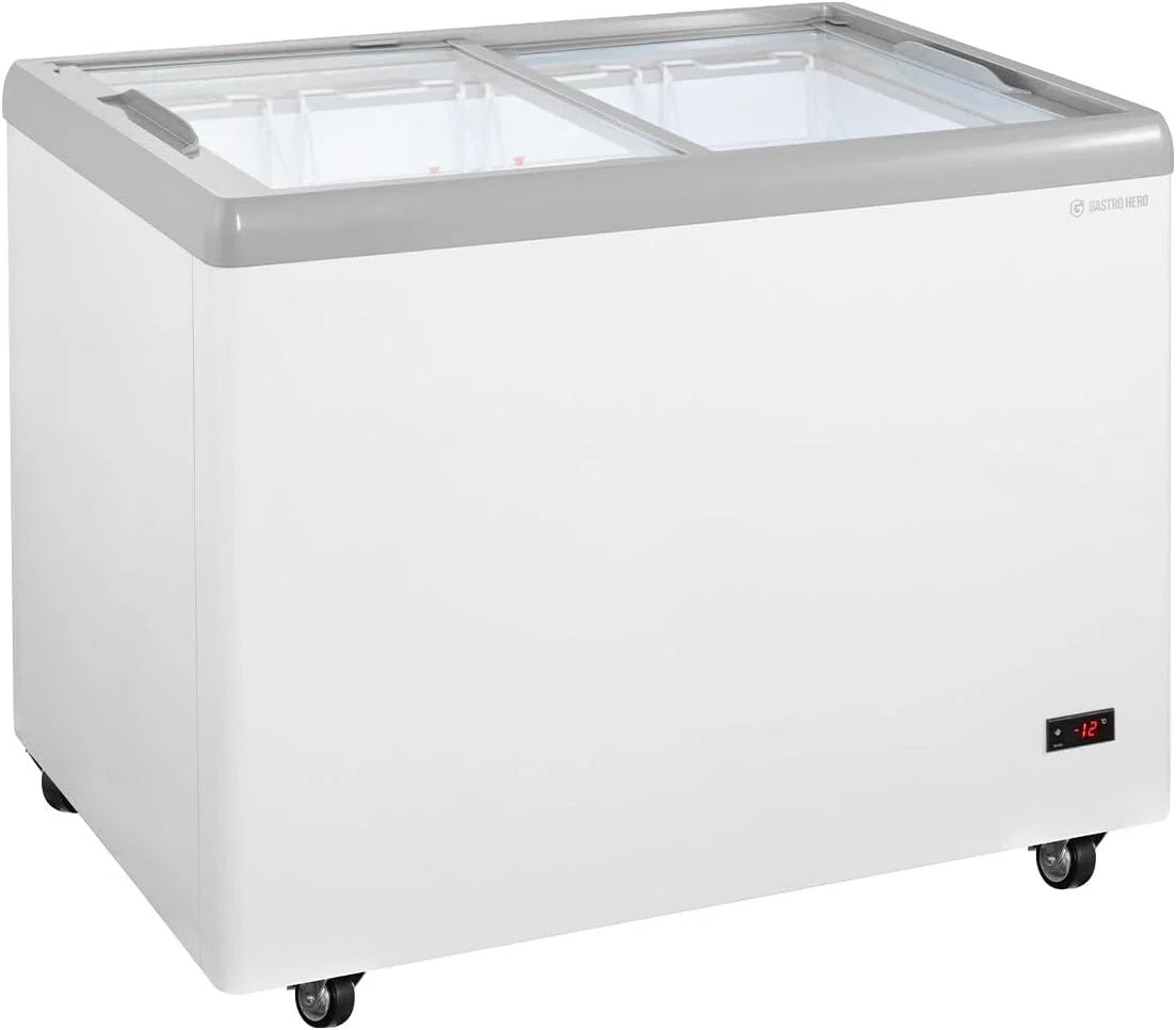 Congelador horizontal para helados GastroHero 2026, 284 litros, congelador profundo, iluminación LED, tapa de vidrio corrediza, ruedas. Congelador comercial para venta de helados, – 18 °C, quiosco de catering.