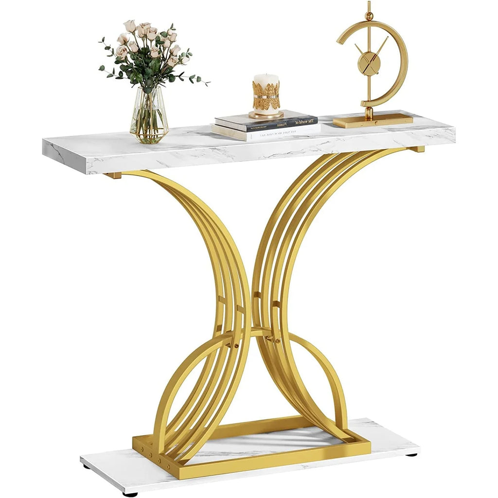 2026 Modern Gold Console Table with Marbled Top, Sofa Table for Entryway and Hallway