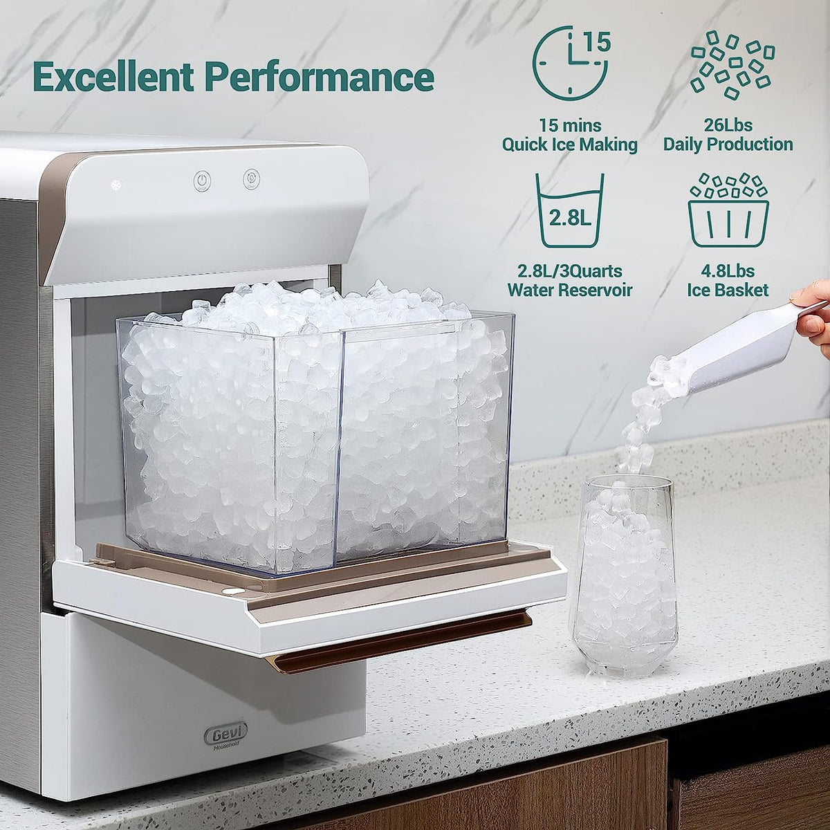 2026 V2.0 Countertop Nugget Ice Maker | Self Cleaning Pellet Ice Maker | Open and Pour Refill | Stainless Steel Housing |