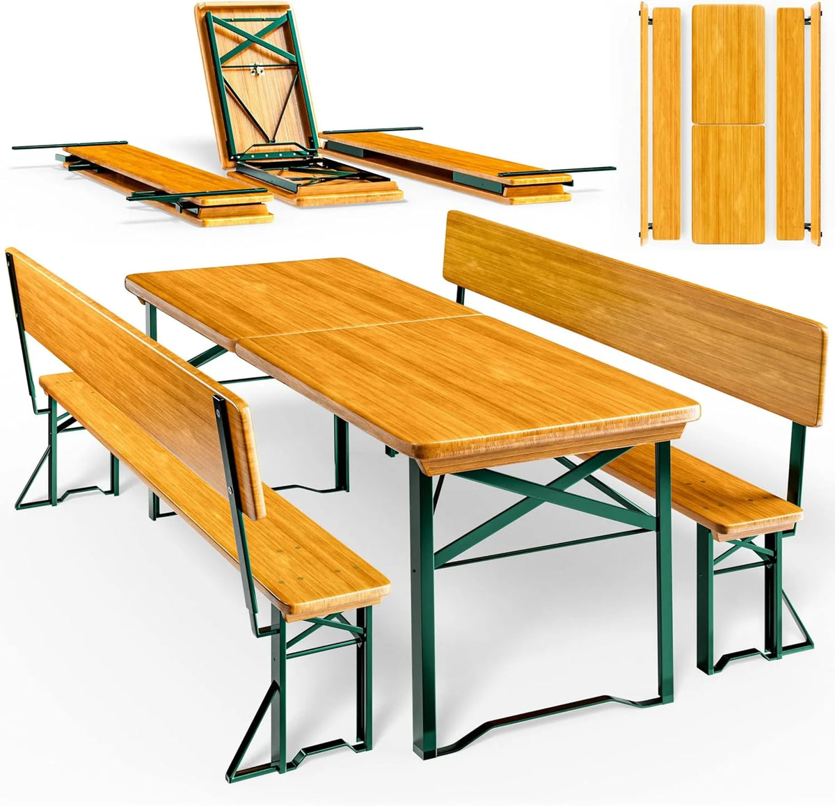 Conjunto de jardín cervecero Casaria® 2026 con respaldo, 170 cm, plegable, resistente, 2 bancos para cerveza, 1 mesa ancha, mesa de cerveza de madera, conjunto de carpa para festivales, conjunto de jardín cervecero