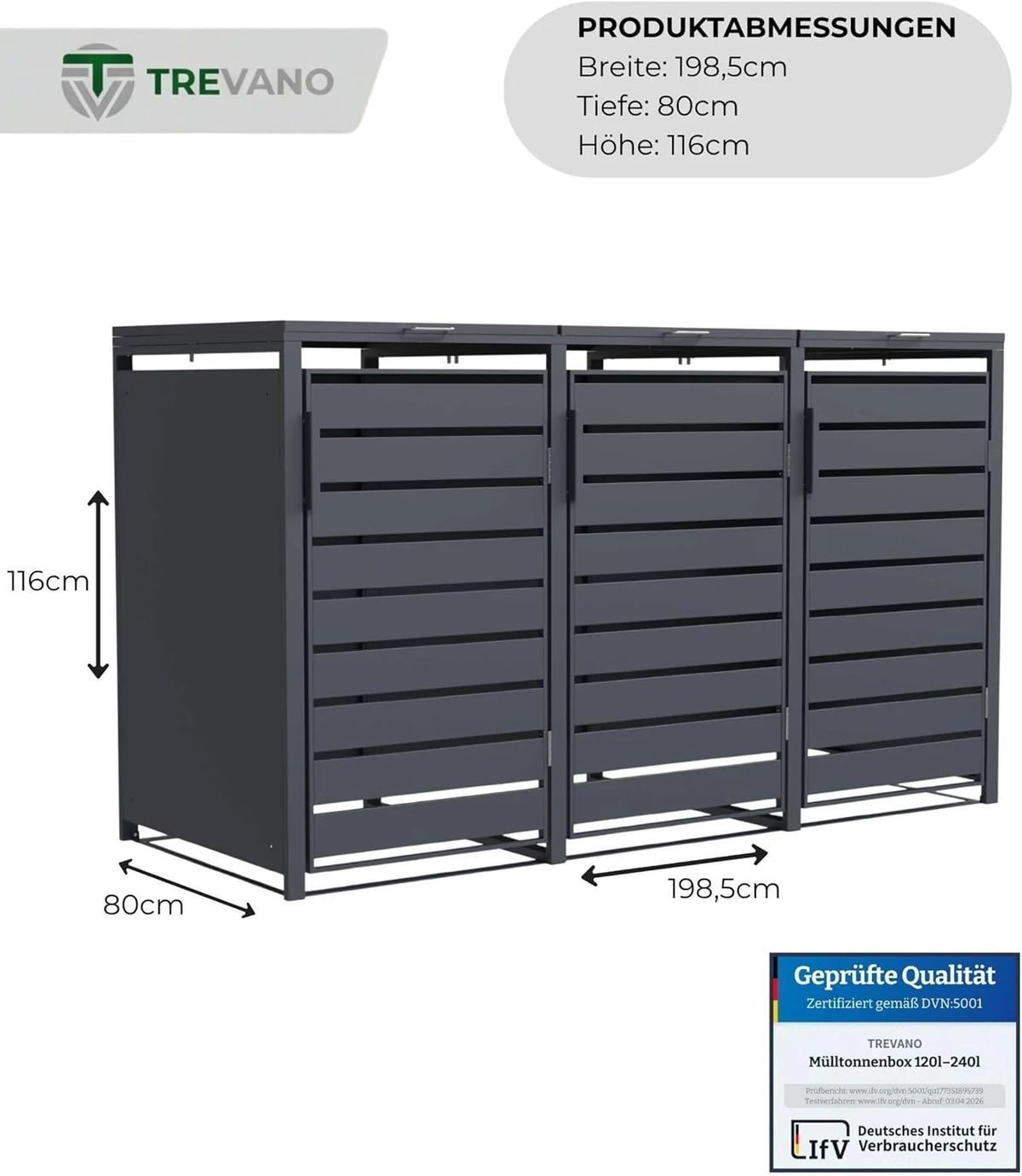 Caja para contenedores TREVANO de 3 compartimentos y 240 L (modelo 2026) – Tapa color antracita – Estructura de acero resistente – Cajas impermeables para 3 contenedores – Capacidad: 120 – 240 L