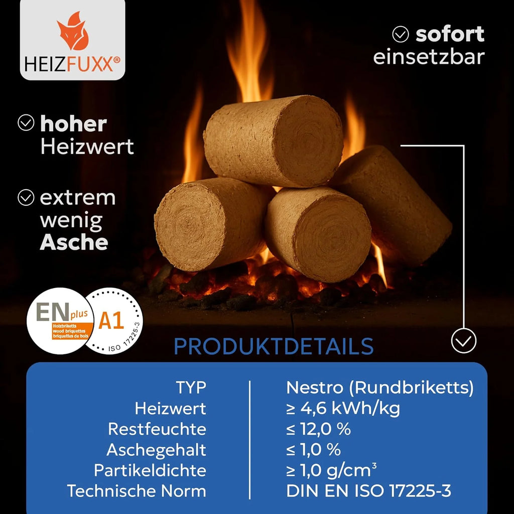Briquetas de madera Nestro XL Blue 2026 – Palé de briquetas de madera blanda de 960 kg (96x10 kg) – Briquetas premium para chimeneas, calderas y estufas – Alto poder calorífico, bajo contenido de cenizas y máximo rendimiento energético