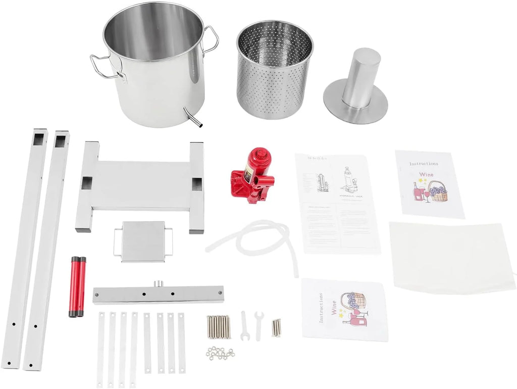 Prensa hidráulica para frutas de 12 litros (modelo 2026), fabricada en acero inoxidable 304 con elevador hidráulico de 3 toneladas, exprimidor manual, cubo con filtro interno, prensa para vino y sidra. Ideal para vino, mosto y zumos de frutas.