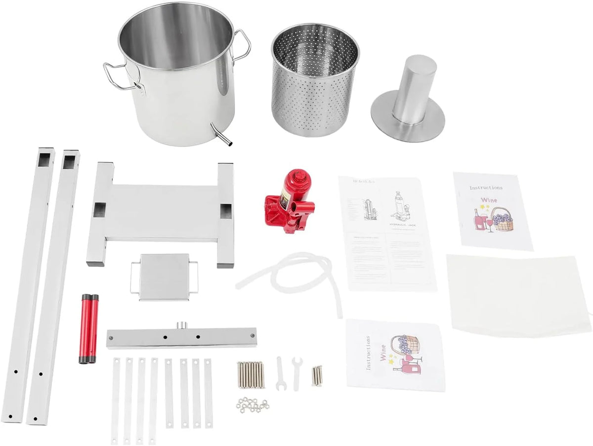 Prensa hidráulica para frutas de 12 litros (modelo 2026), fabricada en acero inoxidable 304 con elevador hidráulico de 3 toneladas, exprimidor manual, cubo con filtro interno, prensa para vino y sidra. Ideal para vino, mosto y zumos de frutas.