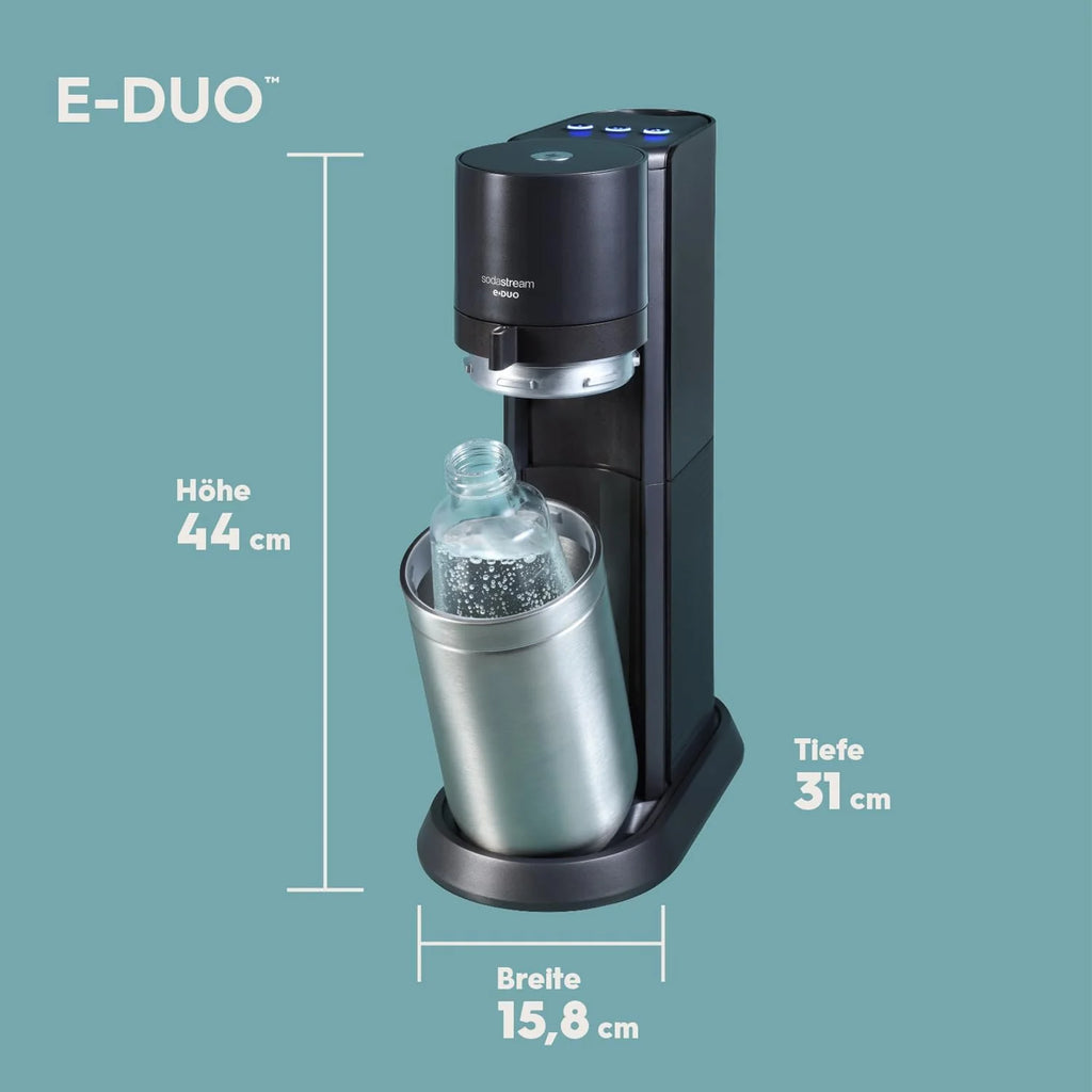 Máquina eléctrica para hacer agua con gas SodaStream E – DUO 2026 con cilindro de CO2 de conexión rápida | Incluye 1 botella de vidrio de 1 L y 2 botellas de plástico FUSE de 1 L (aptas para lavavajillas) | Color: Titanio