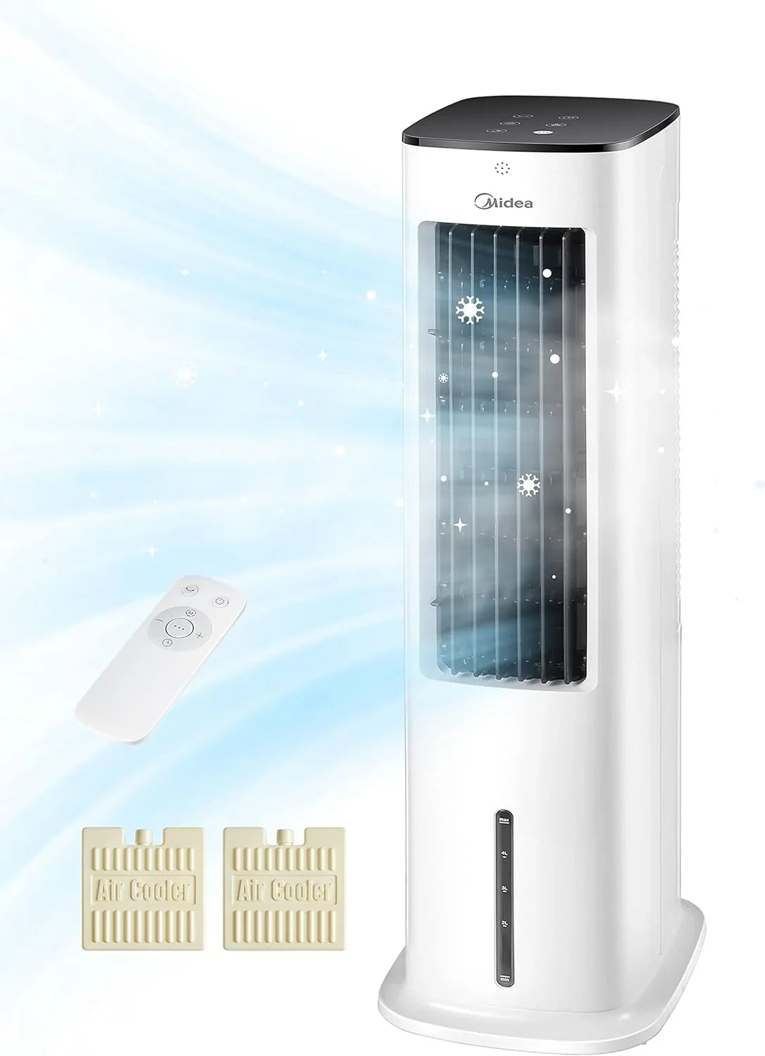 Enfriador de aire Midea 2026 con refrigeración por agua, aire acondicionado portátil, ventilador con 5 litros de refrigeración por agua, humidificador e ionizador, aire acondicionado sin tubo de escape, 355 m³/h, ventilador con control remoto, 55 W