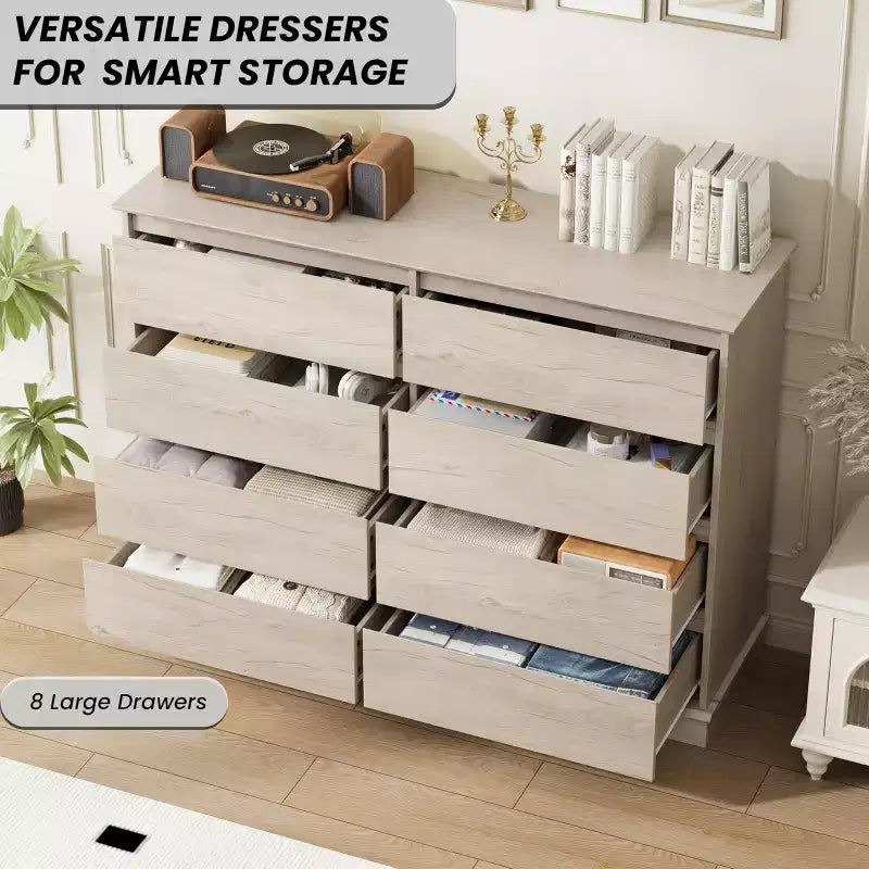 2026 Cómoda horizontal de 8 cajones – 130 cm de ancho, MDF resistente a los arañazos, cajones con acabado de lino sintético.