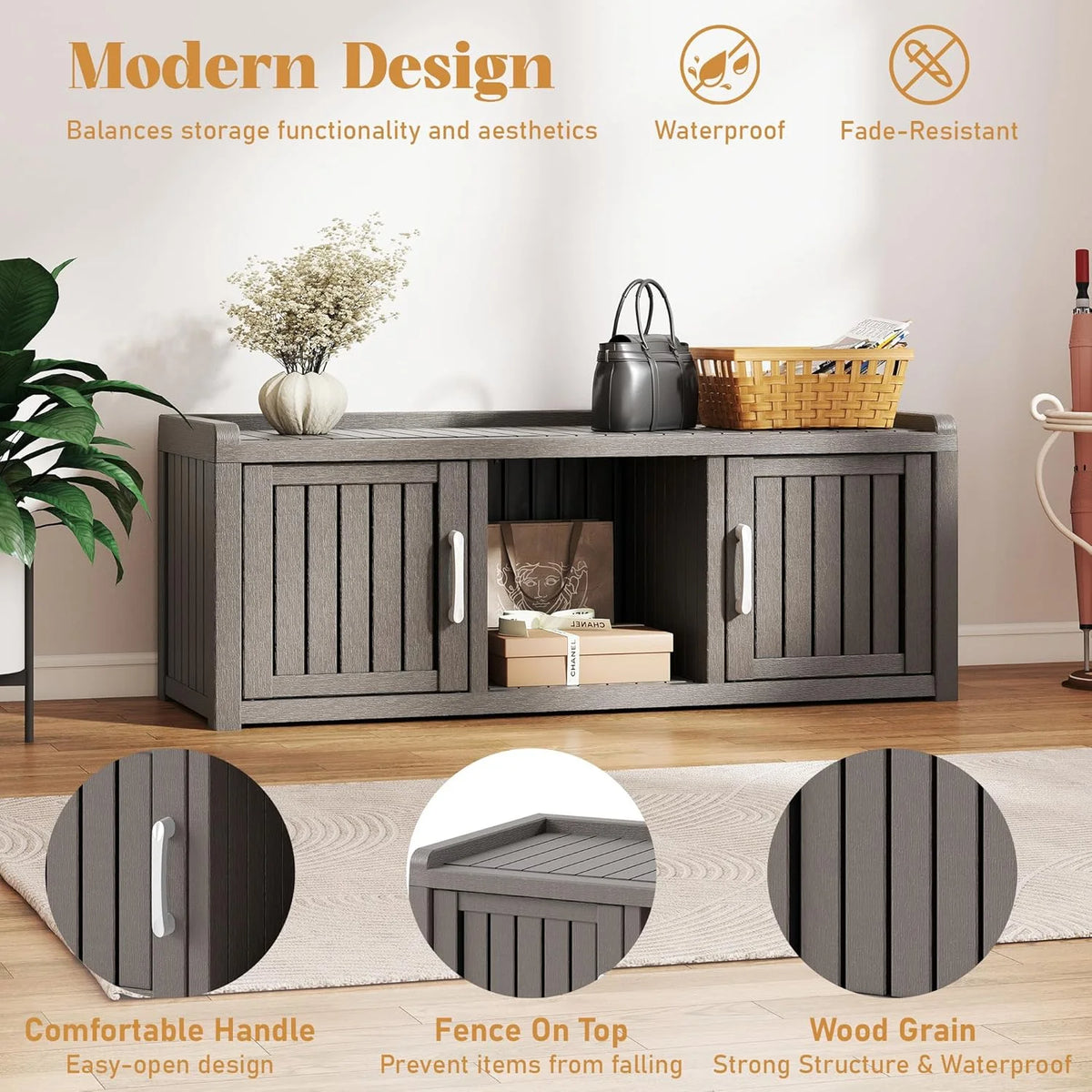 2026 KAMABOKO Outdoor Shoe Storage Cabinet, Waterproof UV-Resistant Entryway Storage Bench Indoor Outdoor with 2 Barn Doors, Adjustable Shelves for Entryway, Bedroom, Hallway,Living Room(Black)