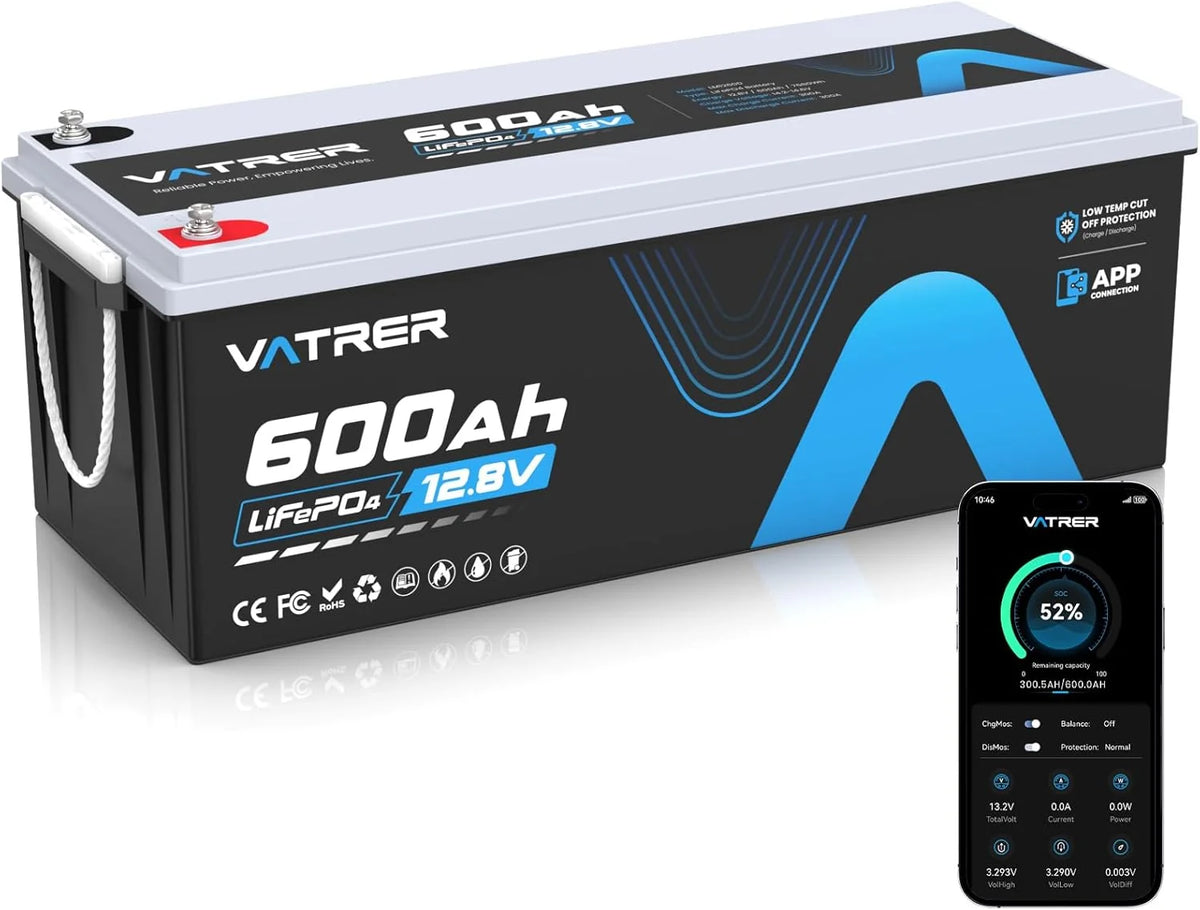 Batería de litio LiFePO4 de 12 V y 600 Ah (modelo 2026) con monitorización mediante aplicación, BMS de 300 A, protección contra altas y bajas temperaturas y una potencia máxima de 3840 W para vehículos recreativos, energía solar, embarcaciones