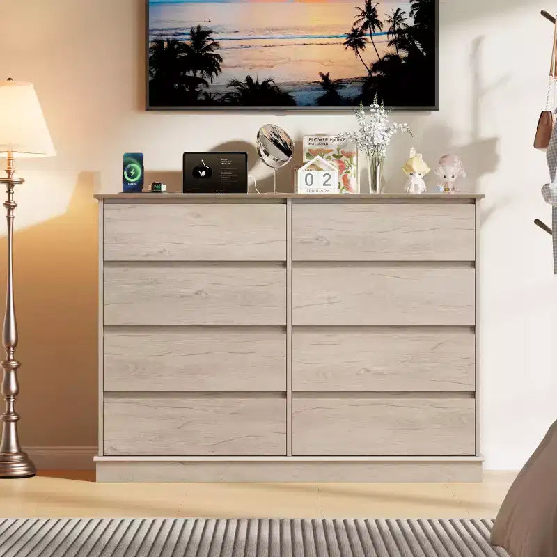 2026 Cómoda horizontal de 8 cajones – 130 cm de ancho, MDF resistente a los arañazos, cajones con acabado de lino sintético.