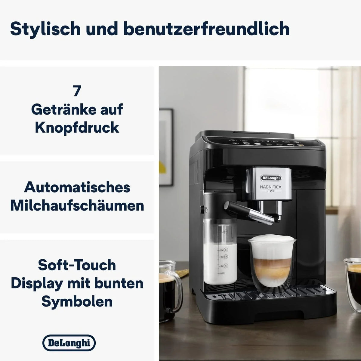 Cafetera automática De'Longhi Magnifica Evo ECAM 292.81.B (modelo 2026) con sistema de leche LatteCrema, 7 botones de selección directa para capuchino, espresso y otras especialidades de café, función para 2 tazas, color negro.