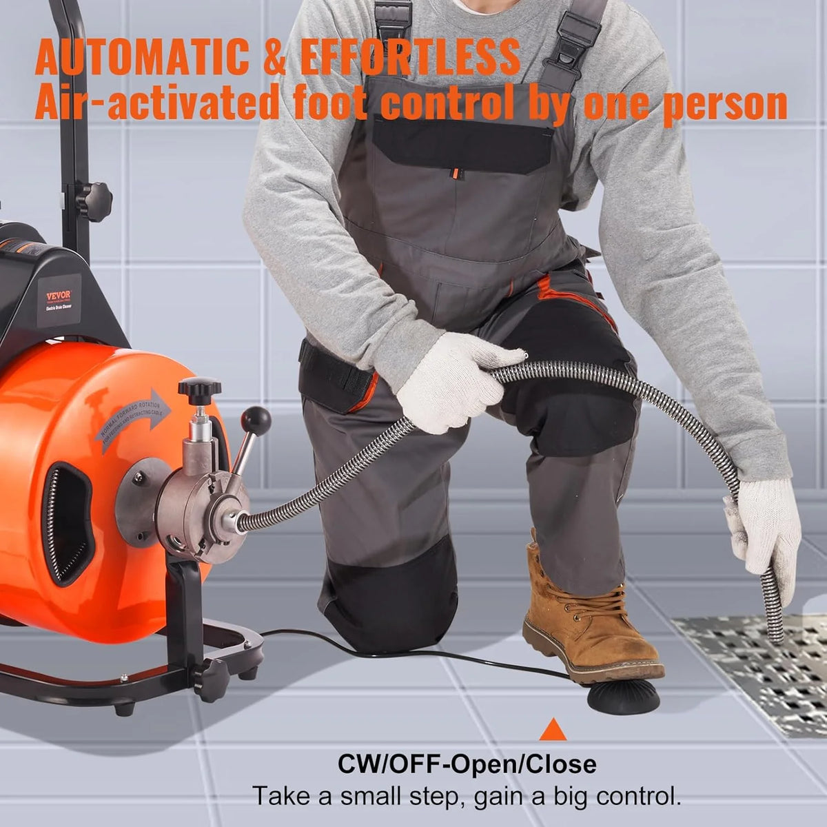 2026 Drain Cleaner Machine 100FT x 1/2Inch, Auto Feed Sewer Snake Auger with 4 Cutter & Air-activated Foot Switch for 1" to 4" Pipes, Orange, Black