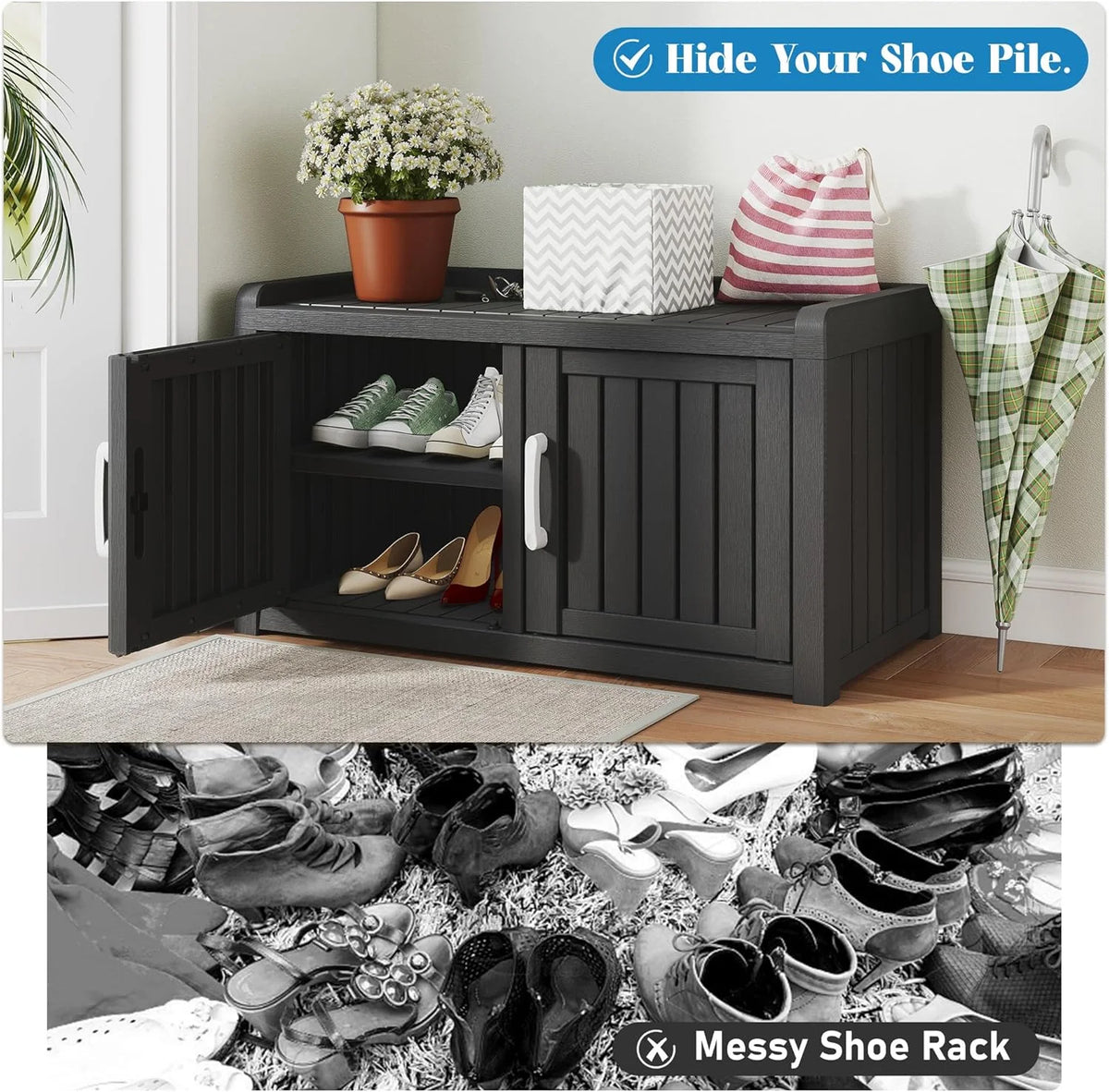 2026 KAMABOKO Outdoor Shoe Storage Cabinet, Waterproof UV-Resistant Entryway Storage Bench Indoor Outdoor with 2 Barn Doors, Adjustable Shelves for Entryway, Bedroom, Hallway,Living Room(Black)