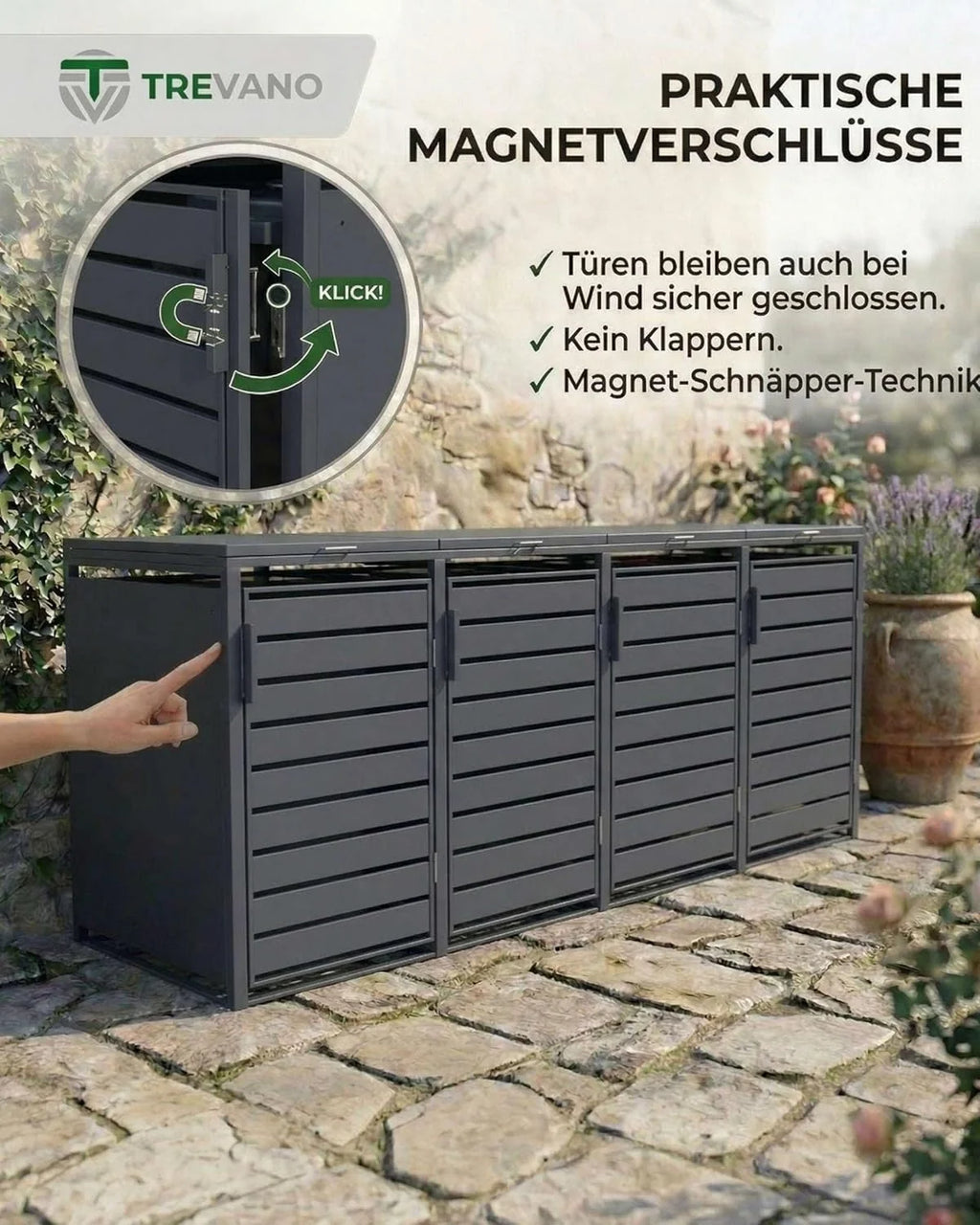 Caja para contenedores TREVANO de 3 compartimentos y 240 L (modelo 2026) – Tapa color antracita – Estructura de acero resistente – Cajas impermeables para 3 contenedores – Capacidad: 120 – 240 L