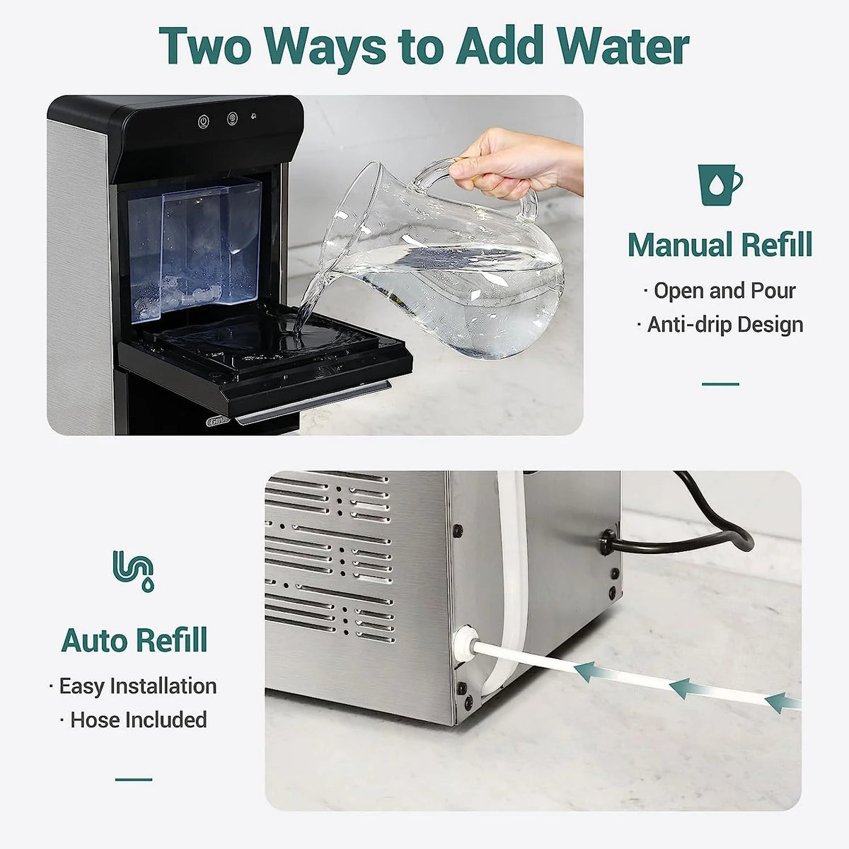 2026 V2.0 Countertop Nugget Ice Maker | Self Cleaning Pellet Ice Maker | Open and Pour Refill | Stainless Steel Housing |