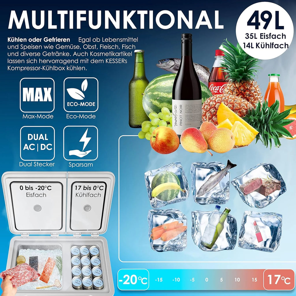 Nevera portátil KESSER 2026 con compresor, 2 en 1, doble zona de refrigeración y congelación, con congelador eléctrico, 2 acumuladores de frío y control táctil LED | Refrigerador con capacidad de enfriamiento hasta – 20 °C para camping, coche y