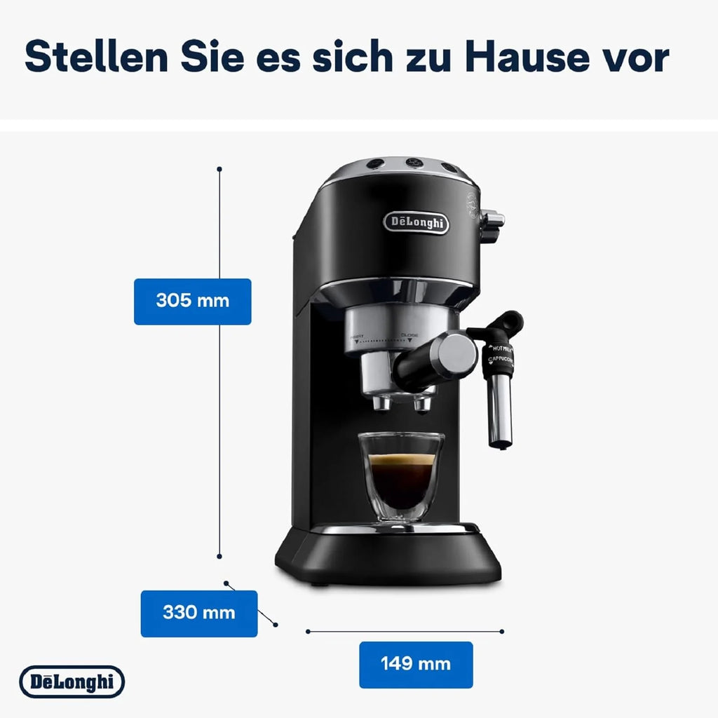 Cafetera espresso De'Longhi Dedica Style EC 685.M de 2026 con portafiltro, espumador de leche profesional, solo 15 cm de ancho, para café molido o cápsulas ESE, depósito de agua de 1 l, color plata.