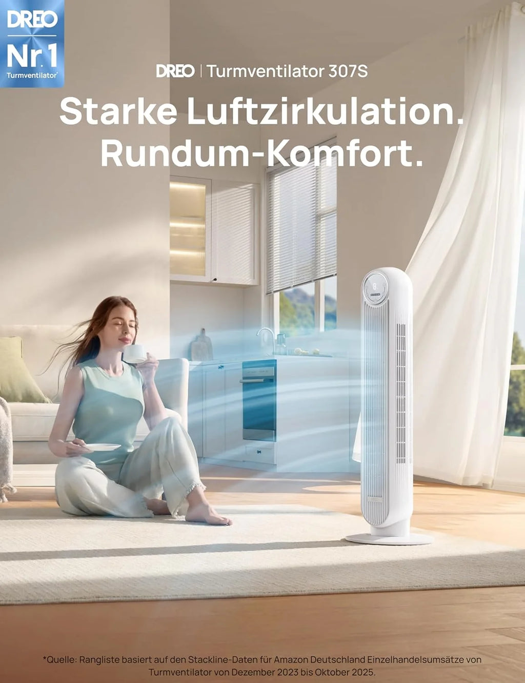 Ventilador de torre silencioso Dreo Smart 2026 de 20 dB, alcance de 10 m, 4 velocidades, 4 modos, temporizador de 8 horas, oscilación de 90° con función de refrigeración, WiFi y control remoto para dormitorio, Nomad OneS, blanco