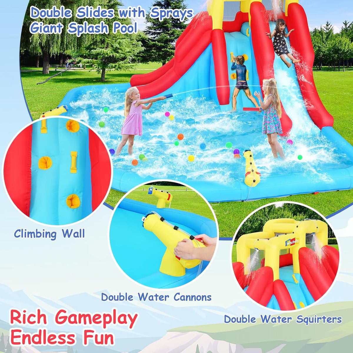 2026 Inflatable Water Slides for Kids 8-in-1 Bounce House Water Park with 450W Blower Climbing Wall, Splash Pool, 2 Water Cannons, Basketball Hoop, Water Slide, Crocodile Sprinkler for Gift Backyard Party