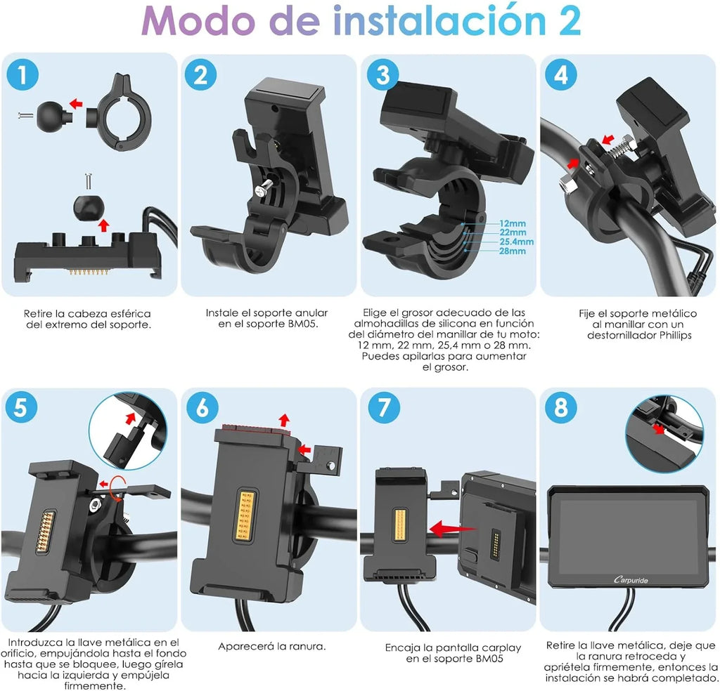 2026 CARPURIDE W702S Pro Motocicleta CarPlay Pantalla con BM05 Soporte para Conectar y Usar, Inalámbrico CarPlay y Android Auto, 7" Impermeable Táctilpantalla, Dual Bluetooth, Control con Cable, Brújula.