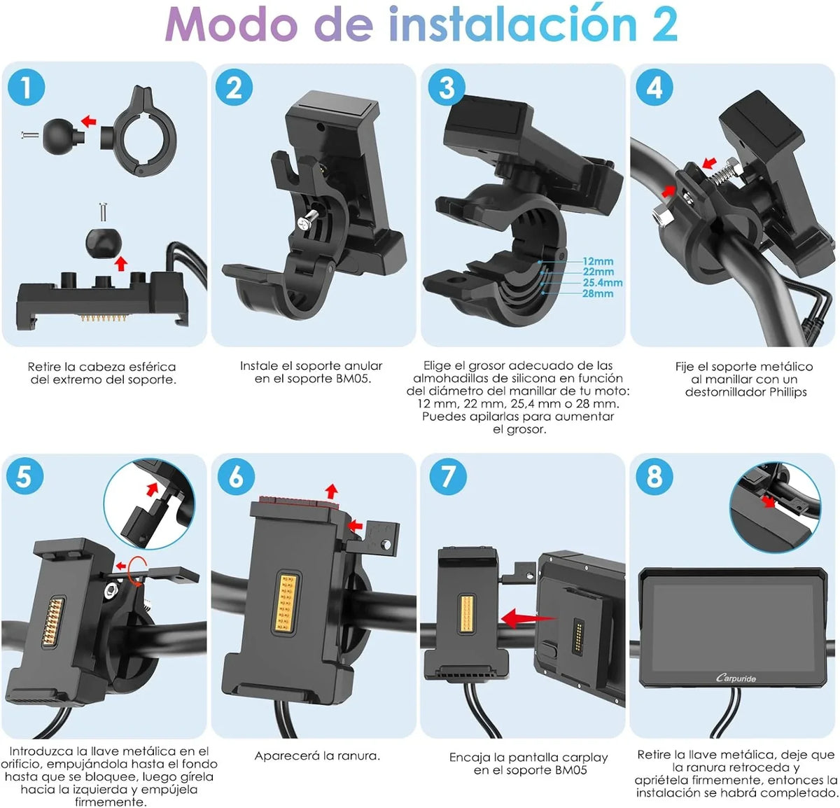 2026 CARPURIDE W702S Pro Motocicleta CarPlay Pantalla con BM05 Soporte para Conectar y Usar, Inalámbrico CarPlay y Android Auto, 7" Impermeable Táctilpantalla, Dual Bluetooth, Control con Cable, Brújula.